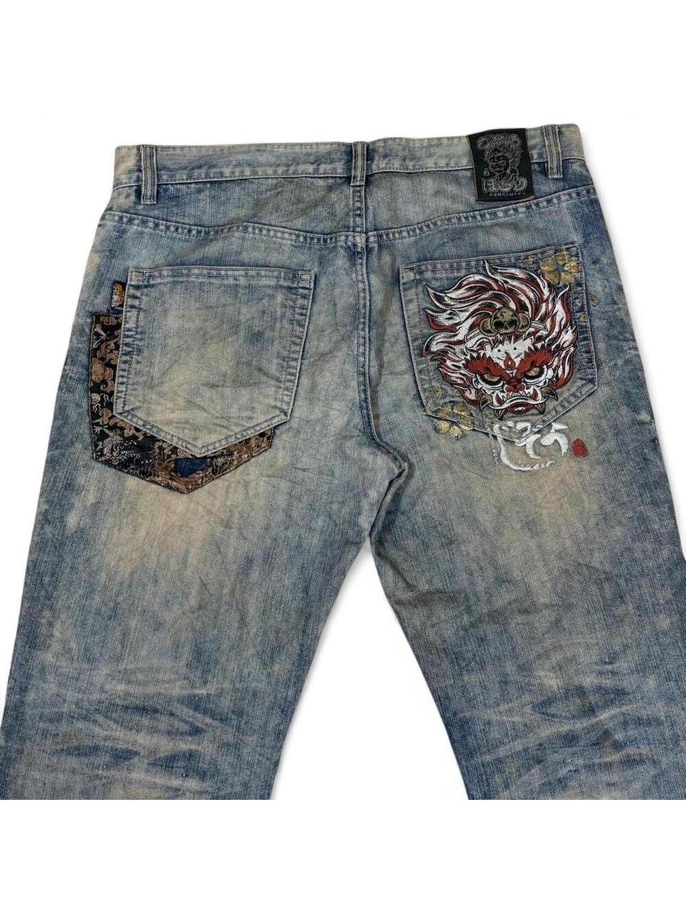 RARE Y2K VINTAGE JIZO EMBROIDERY ON BACK UNIQUE DESIGN DENIM